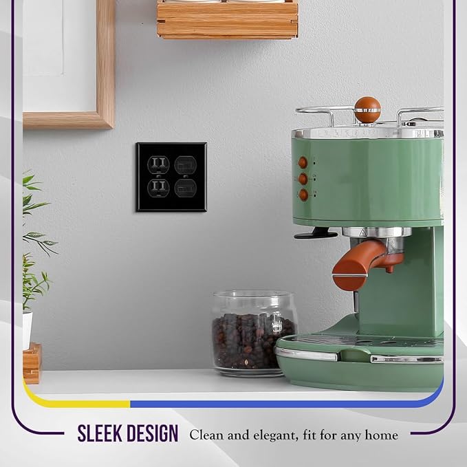 ENERLITES Duplex Receptacle Metal Wall Plate, Corrosion Resistant, Standard Size 2-Gang 4.50" x 4.57", Powder Coated Stamped Steel, 7722-BG, Black Gloss