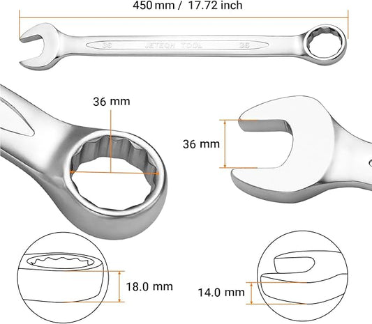 Jetech 36mm Combination Wrench - Industrial Grade, Chrome Vanadium Steel, Sand Blasted Finish, Precision Machined 12-Point Opening, Off-Corners Design, 15-Degree Offset