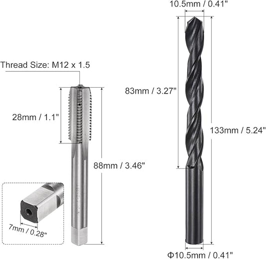 uxcell Metric Tap and Drill Bit Set, M12 x 1.5 Thread Tap & 10.5mm Black Oxide Twist Drill Bit, Straight Flute Tap Tapping Threading Repair Tool Kit