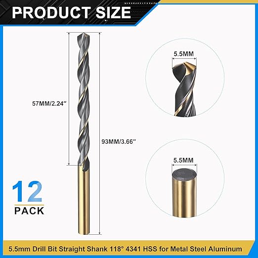 PATIKIL 5.5mm Drill Bit, Jobber Straight Shank 4341 High-Speed Steel 118째 Black and Gold Finish for Medium-Hard Metal Steel Acrylic - 12 Pack