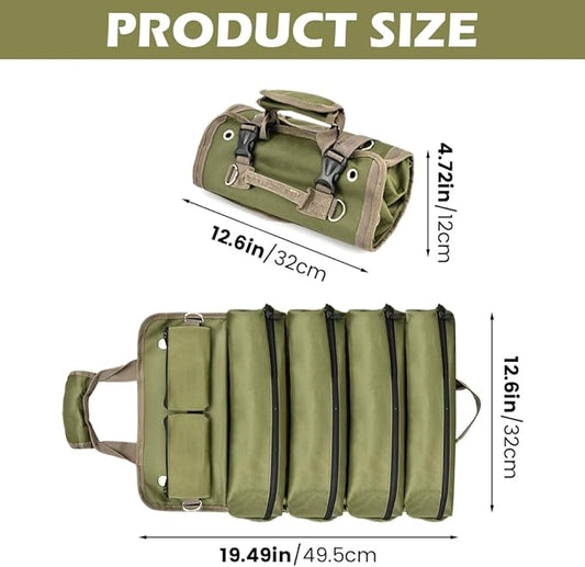 Roll Up Tool Bag, Heavy Duty Tool Organizer with 5 Compartments & 2 Detachable Pouches, Portable Foldable Waterproof Tools Bag for Dad Men Electrician Mechanic Gifts (COLOR:Green)