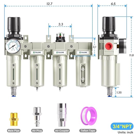 TAILONZ PNEUMATIC 3/4 Inch NPT 0-240 PSI Industrial Grade 4 Stage Air Drying System, Double Particulate Filter, Coalescing Filte,Desiccant Dryer and Air Regulator (Automatic Drainage)