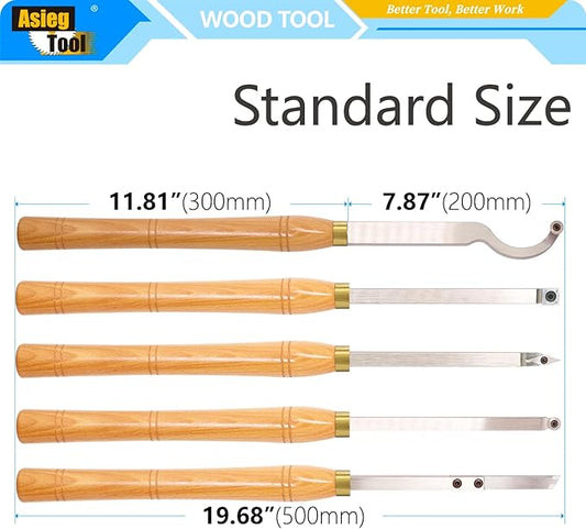 AT05 Carbide Tipped Wood Turning tools Lathe set Rougher Detailer Finisher Swan Neck Hollower Parting Tool with Solid Wood Handle and Diamond Round Square Carbide Inserts 5pcs