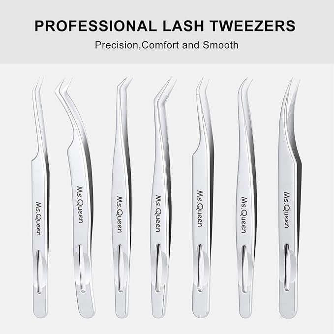 Ms.Queen Tweezers for Eyelash Extensions,Precision Curved Lash Tweezers for Volume, Isolation and Classic Lashes Extensions Applying