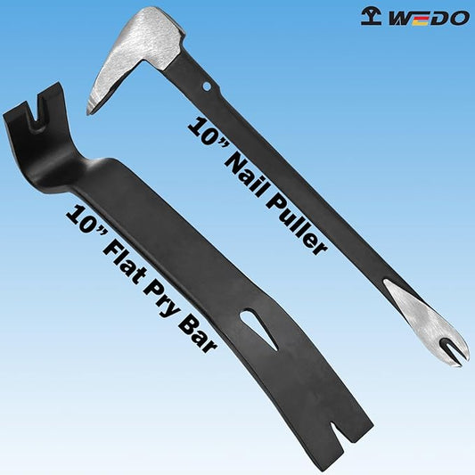 WEDO 2-Piece Pry Bar Set, 10" Nail Puller Cats Paw Pry Bar High Carbon Steel, 10" Flat Bar Pry Bar CRV,Utility Claw Bar Tool for Home Remolding,Woodworking