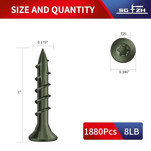 #8 x 1 Inch Deck Screws (1880Pcs) 8lb. Carbon Steel, Green, Flat Head, Rust Resistant epoxy Coated, with T25 Star Bit