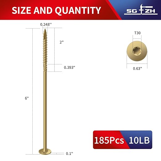 #14 x 6 Inch Outdoor Structural Wood Deck Screws (185Pcs/10lb), Carbon Steel, Tan, Flat Head, Rust Resistant Epoxy Coated, T30 Star Bit