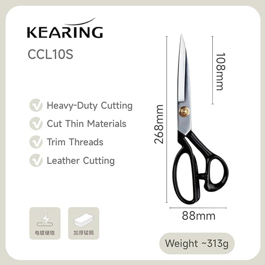 KEARING 10 Inch Heavy Duty Fabric Scissors, Professional Tailor Shears for Precision Cutting of Leather, Denim, and Multi-Layer Fabrics for Sewing, Quilting, Dressmaking - 0.6 lb - Left-Handed