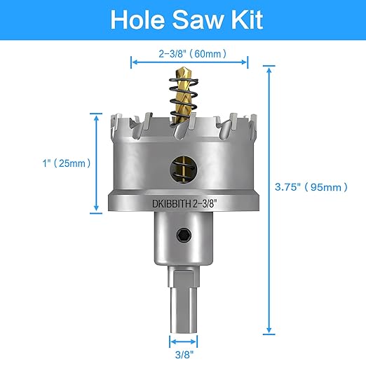 DKIBBITH TCT Hole Saw 2-3/8"(60mm) Heavy Duty Tungsten Carbide Tipped Hole Cutters for Stainless Steel, Copper, Iron, Brass, Plastic with Titanium-Plated Pilot Drill Bits.