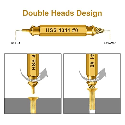Professional Screw Extractor Set, 5-Piece HSS 4341 Double-Headed Drill Bits, Gold Titanium-Coated Steel, M3-M18 Size Range with Storage Case, for Damaged Screw Removal