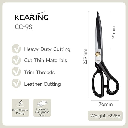 KEARING 9 Inch Heavy Duty Fabric Scissors, Professional Tailor Shears for Precision Cutting of Leather, Denim, and Multi-Layer Fabrics for Dressmaking, Sewing, Quilting - 0.47 lb - Right-Handed