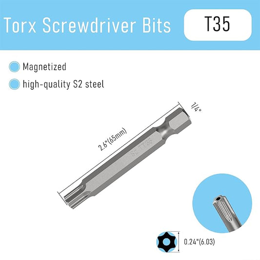 5PCS T35 Magnetic Tamper Proof Torx Screwdriver Bits, 1/4 Inch Hex Shank 2.6 Inch Length S2 Steel Security Drill Torx Head Drill Screw Driver Tools(65mm Long, Star 6 Point)