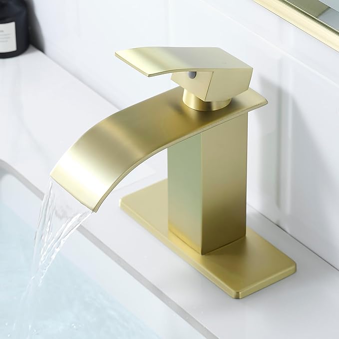 FRANSITON Black Waterfall Bathroom Faucet Lavatory Single Handle 1 or 3 Hole Bathroom Sink Faucet Washbasin Faucet with Deck and Pop-up Drain (Brushed Light Gold, Short)