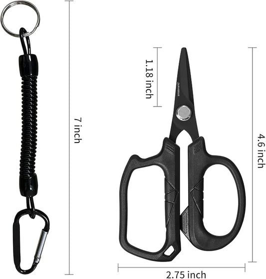 JARVISTAR 4.65" Fishing Scissors - Heavy Duty Line Cutter with Spring Clip Keychain, Dual Serrated Stainless Blades - Cuts Braided, Mono & Fluorocarbon Lines for Saltwater & Freshwater Black