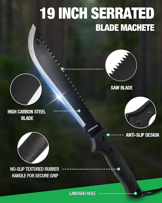 Mossy Oak Machete with Saw, 19" Sharp Machete with Sheath, Ergonomic No-Slip Handle, Machetes for Bushcraft, Outdoor Hunting, Garden Cutting Trees and Yard Work, Christmas Gift for Family