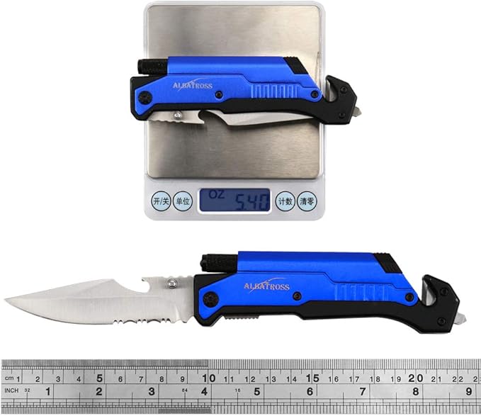 ALBATROSS Best 6-in-1 Survival Tactical Military Folding Pocket Knives with LED Light,Seatbelt Cutter,Glass Breaker,Magnesium Fire Starter,Bottle Opener;Multi-Function Emergency Tool(Blue-SA)