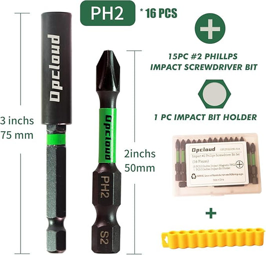 Impact #2 Phillips Screwdriver Bit Set, 16 Pieces 2?쒾2 Steel Magnetic PH2 Tips Driver Power Bit Set with Extension Impact Bit Holder