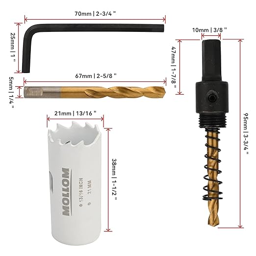 Mollom (21mm | 13/16") HSS M42 with 8% Cobalt BI-Metal Hole Saw with 2 Pilot Drill Bits & Arbor Smooth Cutting for PVC,Drywall,Wood,Plastic,Gypsum Board,Rubber