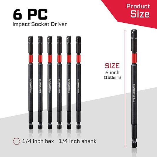 6Pcs Impact Socket Adapter Set,1/4" Drive Square, 6Inches Extension Bit Socket Driver Set, Adapt Your Power Drill to High Torque Impact Wrench