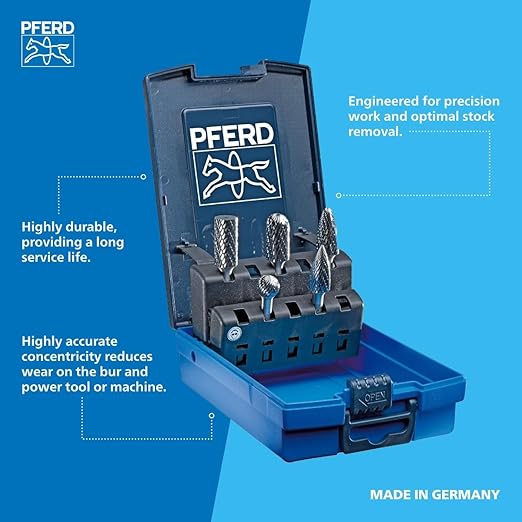 Pferd 5-Piece Tough Bur Set - 1/4" Shank, Double Cut 3R Tungsten Carbide Burs for Efficient Material Removal and Precision Work - Part 26551