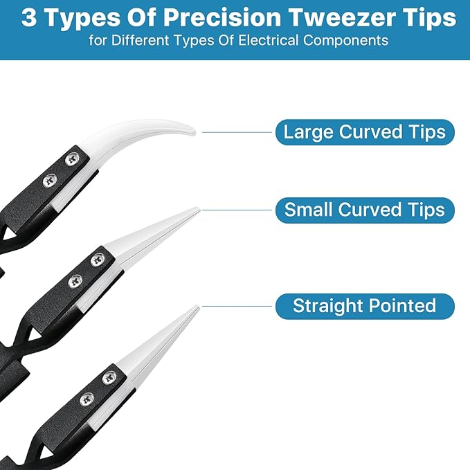 6 Pcs Precision Reverse Ceramic Tweezers Set, Non-Conductive Heat-resistant Electronics Soldering Tweezers Anti-Magnetic Pointed & Curved Tips Tweezers for Solder, Pinching Coils (Black)