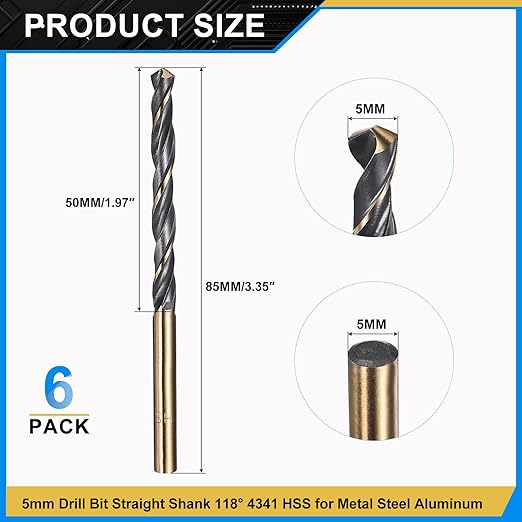 PATIKIL 5mm Drill Bit, Jobber Straight Shank 4341 High-Speed Steel 118째 Black and Gold Finish for Medium-Hard Metal Steel Acrylic - 6 Pack