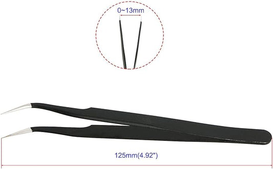 Aoje-Link ESD-17 Professional Anti-Static Precision Technology Tweezers, Non-magnetic Fine Tip Curved, Stainless Steel Plastic Coated, Full Length 125mm, Black, 2pcs