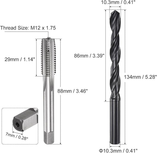 uxcell 2pcs M12 x 1.75 Metric Tap & 10.3mm Drill Bit Set, Black Oxide, High Speed Steel, Tap and Drill Bit Set