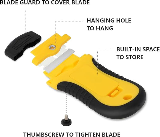 Locking Razor Blade Scraper with Safety Cap Glass Cooktop Scraper with Extra 10 Plastic Razor Blades and 10 Metal Blades for Glass Clean Paint and Old Label Decal Sticker Remover