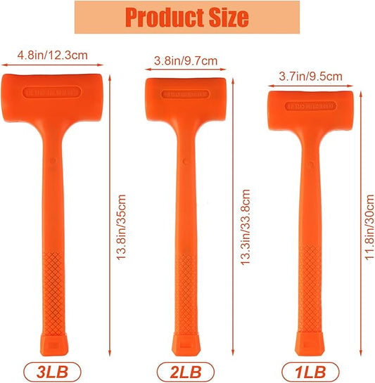 Dead Blow Hammer, Set of 3 Rubber Mallet Hammer Deadblow Hammers Neon Orange Deadblow Mallets with Non-Marring Coating (1lb, 2lb, 3lb Hammers)