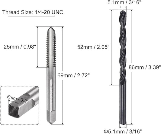 uxcell Tap and Drill Bit Set, 1/4-20 UNC Thread Tap & 3/16" Black Oxide Twist Drill Bit, Straight Flute Tap Tapping Threading Repair Tool Kit