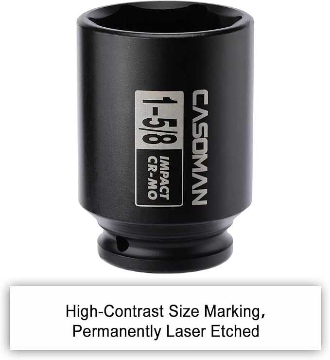 CASOMAN 6-Point 1/2-Inch Drive Deep Impact Socket- 1-5/8" (SAE), CR-MO, 1/2-inch Drive 6 Point Axle Nut Socket for Easy Removal of Axle Shaft Nuts (1-5/8")