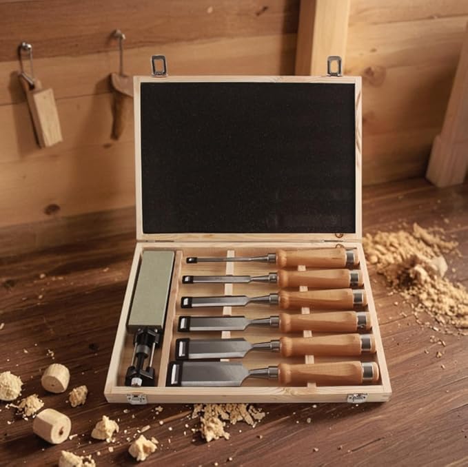 8 Pieces Wood Chisel Tool Sets, 11.4in Woodworking Carving Chisel Kit with Honing Guide, Sharpening Stone and Wooden Case