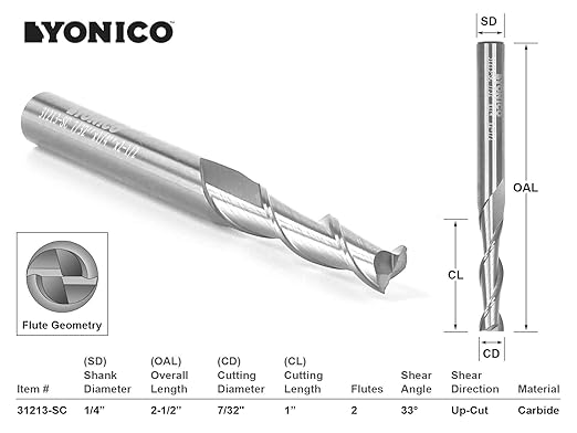 YONICO Upcut Router Bits Spiral 2 Flute Solid Carbide CNC End Mill 7/32-Inch Dia. 1/4-Inch Shank 31213-SC