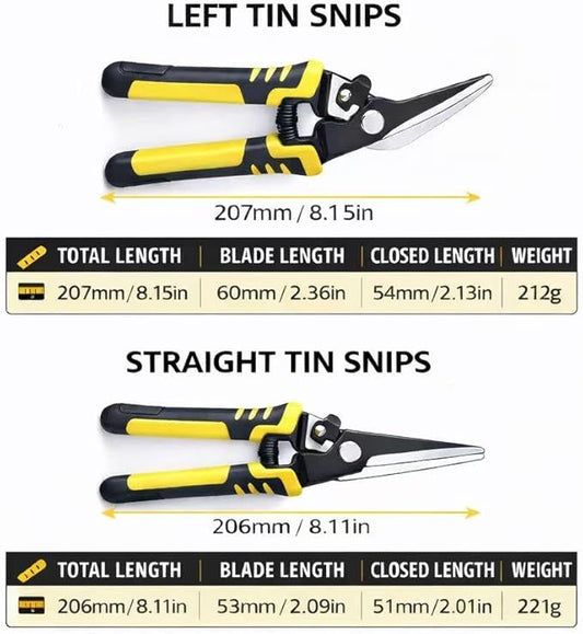 Aviation Tin Snips Set, 2-Piece 8 Inch Straight Cut & Left Cut Aviation Shears, Heavy Duty Metal Shears with Safety Lock for Sheet Metal, Thin Steel, Carpet and Packaging Belt Shearing