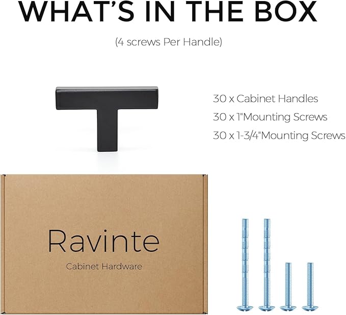 Ravinte 30 Pack Black Square Bar Drawer Handles with Matte Black Finish, Kitchen Cabinet Hardware