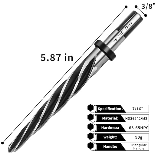 7/16??Reamer Drill Bit,M2 HSS Tapered for Metal Steel Wood Plastic,7/16??Bridge Construction Reamer with 3/8" Non-Slip Shank,5-Spiral Flutes Reamer Drill Bit to Align or Enlarge Holes