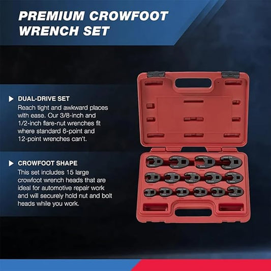 Neiko 03324A Crowfoot Wrench Set 1/2" and 3/8??Drive, 15 Piece, Metric Crows Foot Wrench Sizes 8mm-24mm, Chrome-Moly Flare Nut Wrench Set