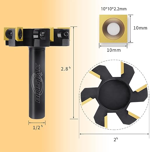 CNC Spoilboard Surfacing Router Bit, 1/2" Shank 2" Cutting Diameter, 6 Wings Carbide Insert Slab Flattening Router Bits Wood Planing Planer Bit
