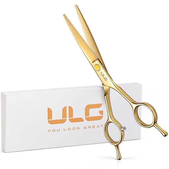 ULG Professional Hair Cutting Scissors 6.5 Inch ??Sharp Barber Shears, Stainless Steel Symmetrical Salon Haircut Scissors for Women, Men, Kids, Gloss Paint Finish, Golden