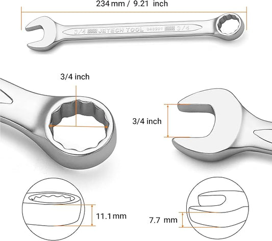 Jetech 3/4 Inch Combination Wrench - Industrial Grade Spanner with 12-Point Design, 15-Degree Offset, Made with Durable Chrome Vanadium Steel in Sand Blasted Finish, Forged, Heat-Treated, SAE