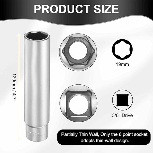 HARFINGTON 2pcs 6 Points Deep Socket 3/8" Drive 19mm Deep Metric CR-V Steel Polished Nickel Plating Flip Sleeve 120mm / 4.7" Extra Long Socket Tool for Home Auto Nuts Bolts Repair