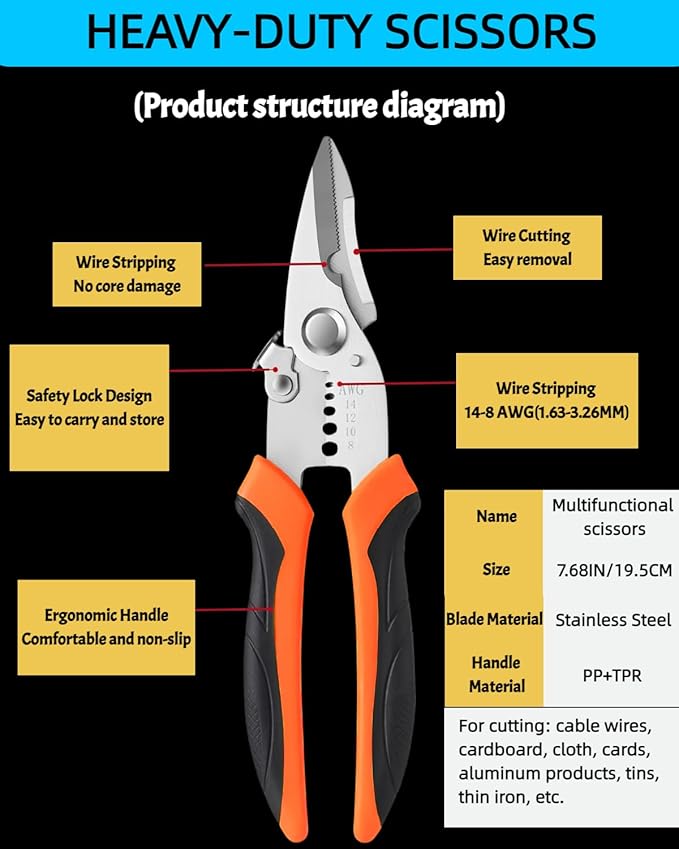 Scissors All Purpose Heavy Duty - Electrician Scissors for Cutting/Stripping Wires - Sharp Shears With Serrated Blades - Utility Snips Easy Cutting Carpet/Cardboard/Wires/