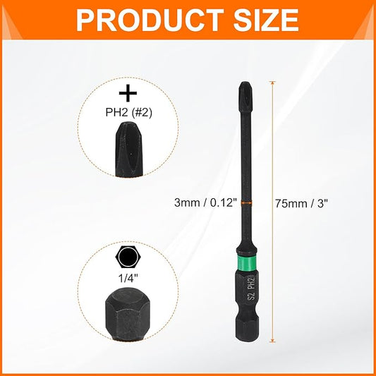 HARFINGTON 3pcs #2 Impact Phillips Screwdriver Bit PH2 1/4" Hex Shank 3" (75mm) Long 0.12" Rod Magnetic Cross Head Drill Bits S2 Steel Industrial Screw Driver for Impact Power Drivers