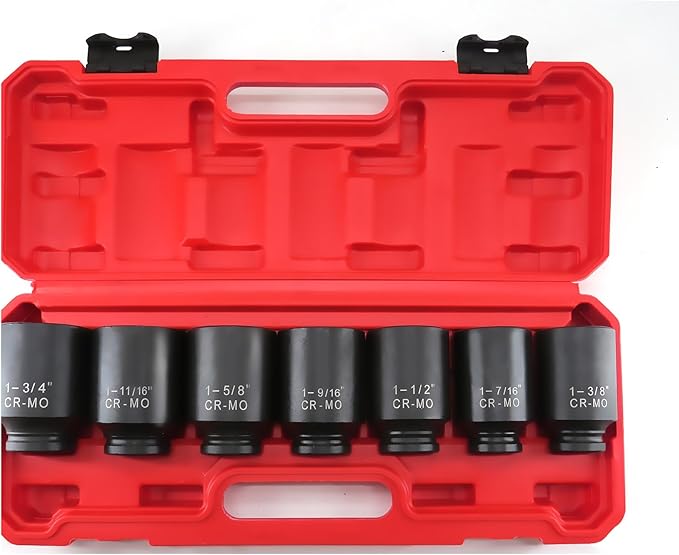 1/2 Inch Drive Deep Impact Socket Set, 6-Point, SAE(1/2 Drive 1-3/8"to1-3/4"), 7 PCS, Cr-Mo, Heavy Duty Impact Socket Set, with a strong case