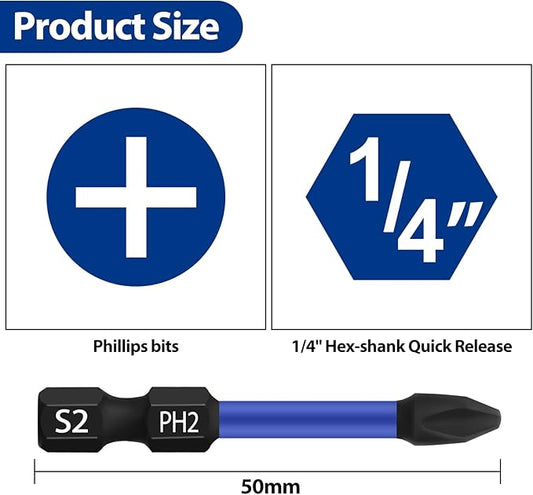 HPHOPE PH2 Screwdriver Bit Set 10Pcs, Phillips Bits PH2, 1/4" Hexagon Bit, Length: 50mm
