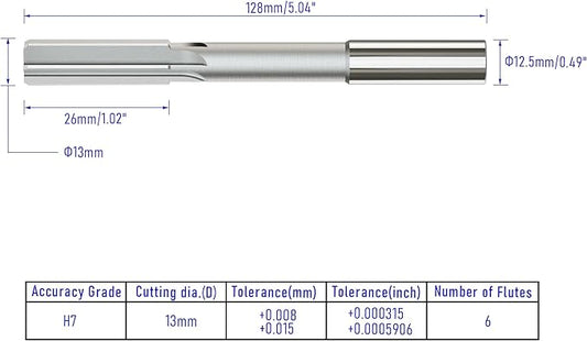 Chucking Reamer 13mm, H7 HSS Cobalt M35 Lathe Machine Reamer Metric, 6 Straight Flutes, Round Straight Shank Milling Cutting Tool, for Stainless Steel Alloy Copper Metal