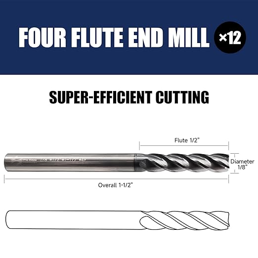 6 Pcs 1/8" Carbide Square End Mill, 4 -Flute TIALN Coated CNC Mill Bits for Steel, End Mills for Precision Milling Tasks