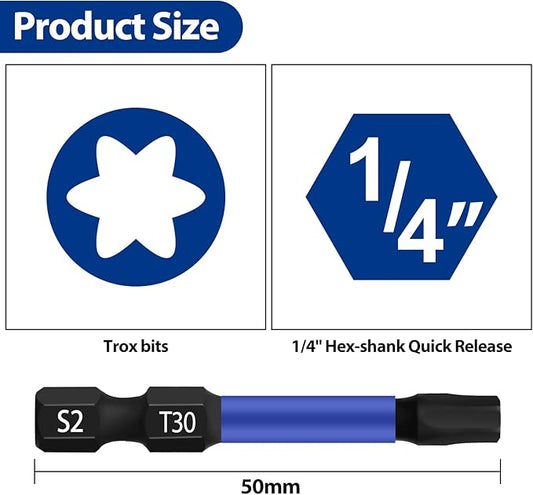 HPHOPE T30 Screwdriver Bit Set 10Pcs, Torx Bits T30, 1/4" Hexagon Bit, Length: 50mm