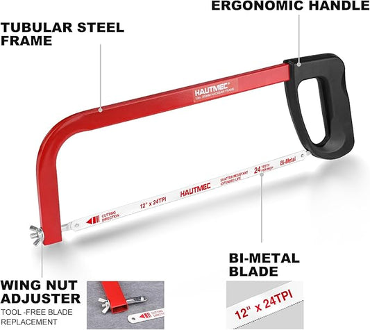 HAUTMEC 12-Inch High Tension Hacksaw, Lightweight Hack saw Frame with 24 TPI Bi-Metal HSS Blade, Adjustable Tension Hand Saw for Cutting Metal, Steel Pipe, PVC, and Wood – HT0398